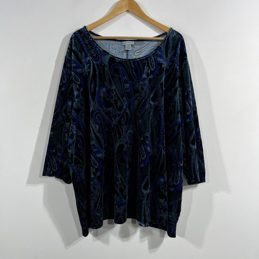 Catherines Fairy Grunge Blue Paisley Arsty Velvet Top 4x 30/32W 3/4 Sleeve Boho